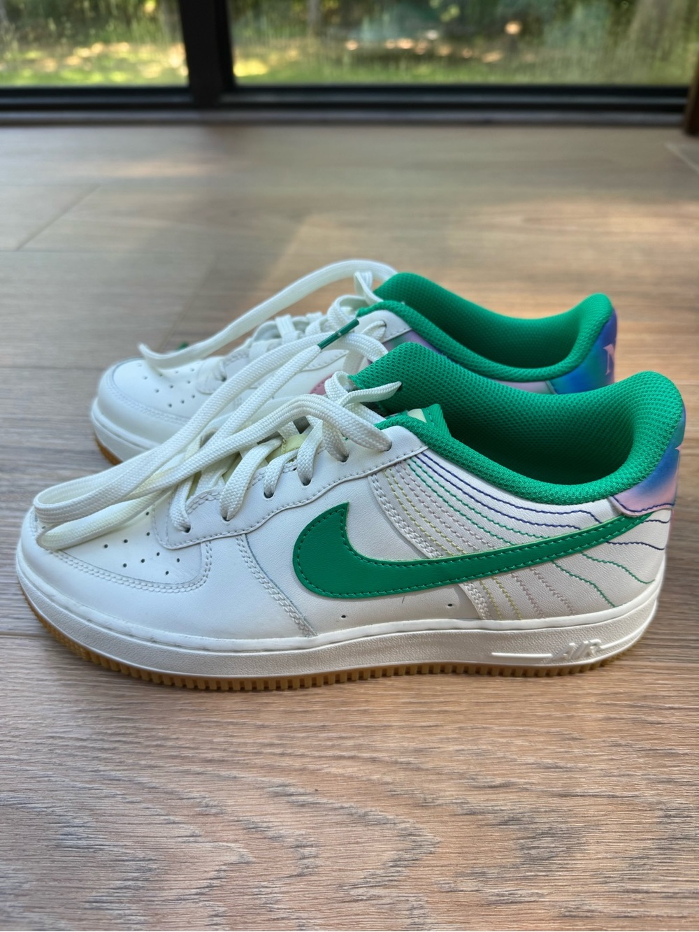 Nike White Sneakers with Green Swoosh and Teal Lining